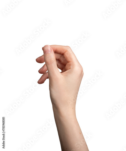Foto Hand holding something, fingers in tiny thin gesture, isolated on white backgrou