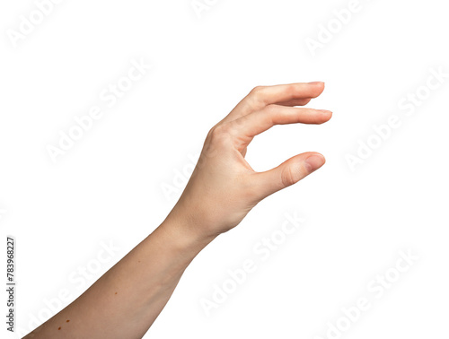 Hand gesture, thumb and index finger showing something small, little, isolated on white photo