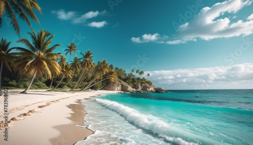 Pristine tropical beach with crystal clear turquoise waters, soft white sands, and lush palm trees under a clear blue sky.. AI Generation © Anastasiia