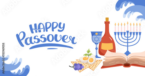 Happy Passover greeting web banner. Jewish celebration background. Seder plate, matzah, egg, salad. Hand drawn lettering. Horizontal Backdrop postcard, poster. Vector flat illustration.