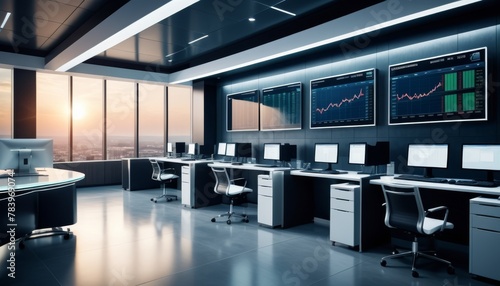 A panoramic view of a modern trading office at dusk with multiple workstations, state-of-the-art computers, and a scenic cityscape in the background.. AI Generation © Anastasiia