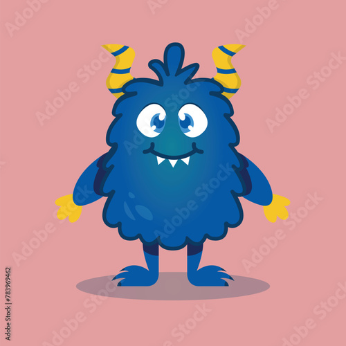 Cartoon Cute blue monster with horns on a pink background