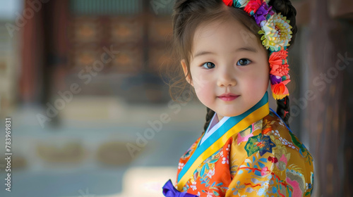 National Foundation Day Korea, portrait of a little Korean girl in a national Korean costume, a wreath of flowers in her hair