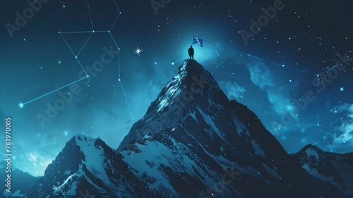 Digital mountain with a flag and a professional climbing businessman on the top. Abstract goals achievement and ambitions concept. Technology dark blue background with peaks and constellations
