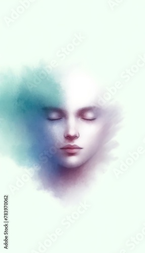 Soft-focus portrait of a spectral face surrounded by a dreamy mist, embodying peace and serenity with a subtle pastel color palette