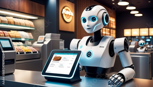 Modern service robot with a digital display serving in a high-tech cafe, illustrating the advancement in hospitality automation.. AI Generation