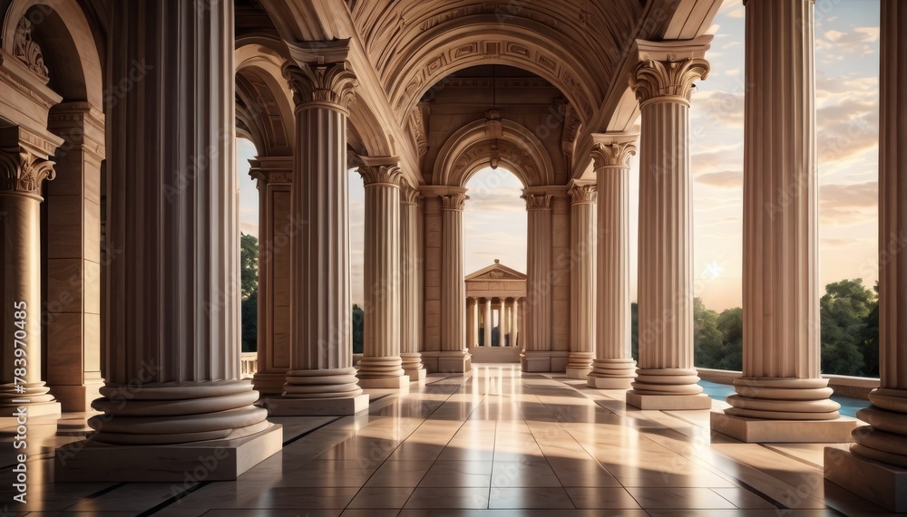 The warm glow of sunset bathes a series of elegant classical columns, highlighting their intricate details and the profound sense of history.. AI Generation The warm glow of sunset bathes a series of elegant classical columns, highlighting their intricate details and the profound sense of history.. AI Generation