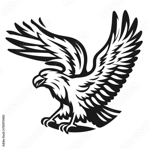 A large wild bird eagle flies with outstretched wings. Vector drawing linear sketch isolated on white background. 