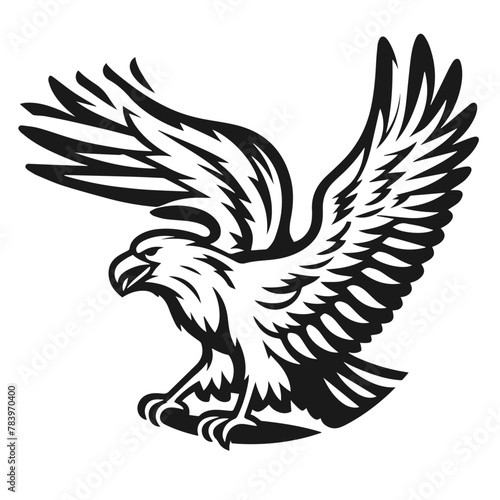 A large wild bird eagle flies with outstretched wings. Vector drawing linear sketch isolated on white background.
