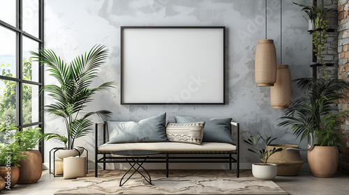 large blank white canvas with frame on modern living room, put your artwork, mockup