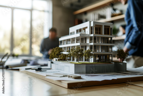 scale model of modern apartment building complex on table in architect office. sustainable housing development