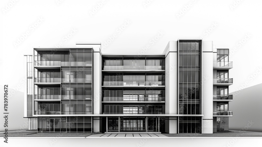 Architectural rendering of a contemporary apartment building with balconies and trees in a monochromatic scheme. Architectural rendering of a contemporary apartment building with balconies and trees in a monochromatic scheme.