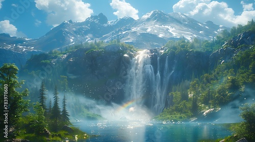 Stand in awe before the towering majesty of a mighty waterfall  where torrents of frothy white water plunge into a churning pool below  sending rainbows dancing through the mist.