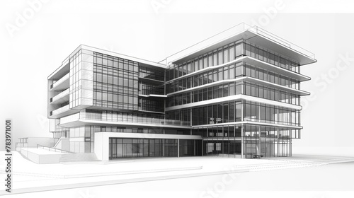 Architectural rendering of a contemporary apartment building with balconies and trees in a monochromatic scheme.