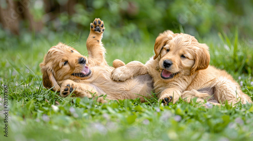 Two cute golden retriever puppies playing in the grass