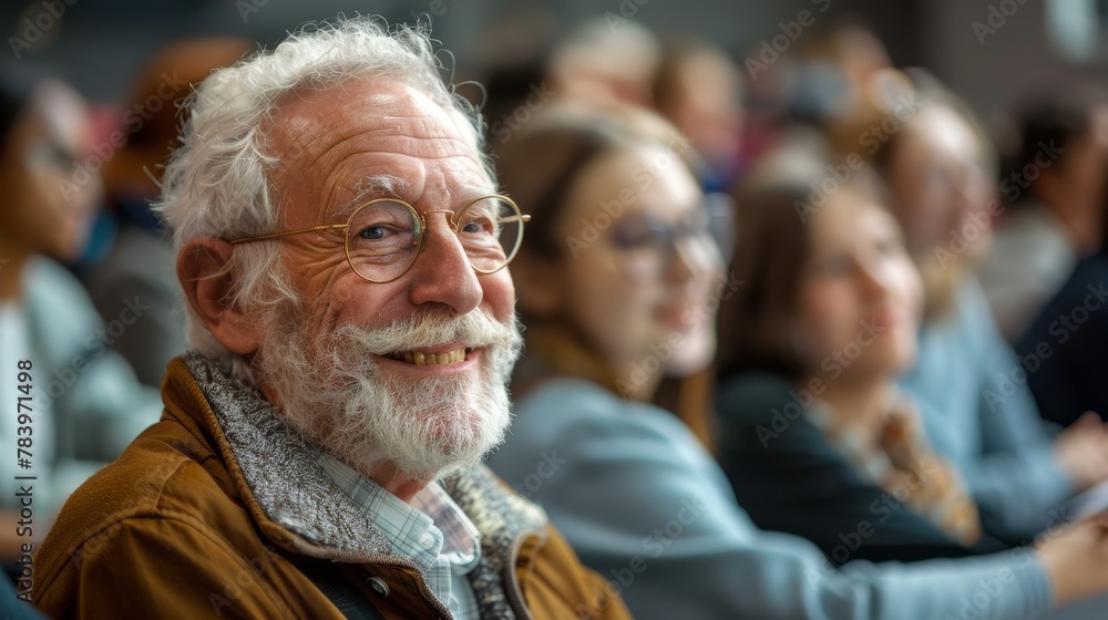 Happy senior man is sitting at a lecture in class with young students. Continuous learning, Improvement concept. Generative ai. Happy senior man is sitting at a lecture in class with young students. Continuous learning, Improvement concept. Generative ai.