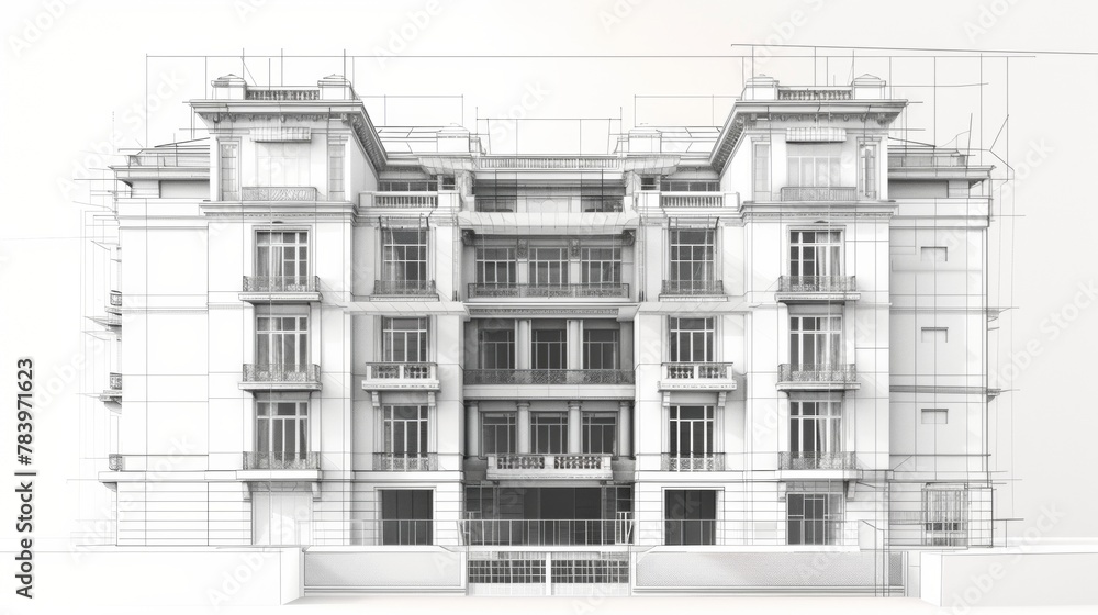 Architectural rendering of a contemporary apartment building with balconies and trees in a monochromatic scheme.