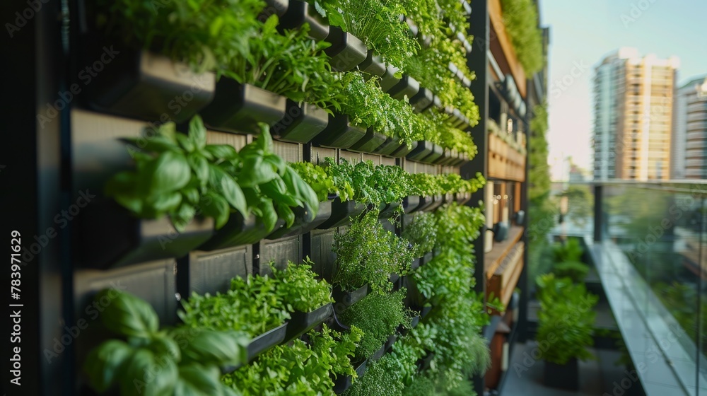 Balcony herb garden concept. Modern vertical lush herb garden planter bags hanging on city apartment balcony wall, with planter boxes pots of green herbs. Generative ai