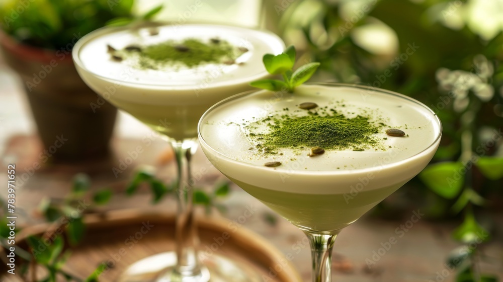 Creamy matcha martini - Matchatini, trendy cold summer cocktail. Matcha cocktails in martini glasses with green matcha powder. Generative ai - obrazy, fototapety, plakaty 