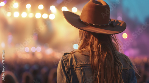 Young American woman fan of country music attending a country music concert. Back view of a woman wearing a cowboy hat and copy space for text or logo.	 photo