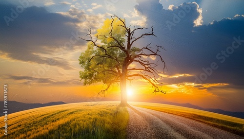 ein einsamen Baum halb vertrocknet und halb grün.  photo