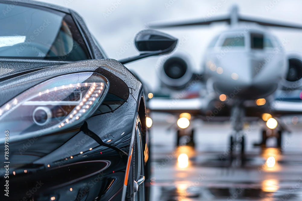 Business private jet airplane parked at terminal and Luxury car, tourism and business travel transportation concept. Closeup	