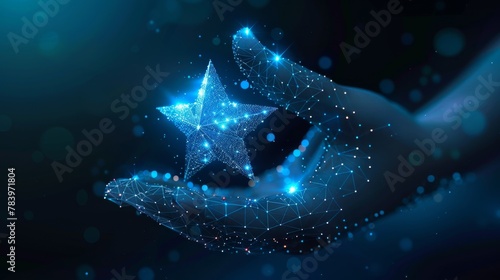 Digital star in abstract hand. Success concept. Low poly wireframe vector illustration with 3D effect in futuristic hologram blue style on technology background. Monochrome light