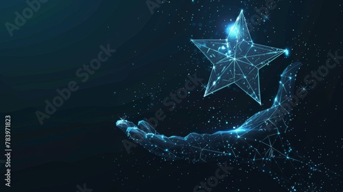 Digital star in abstract hand. Success concept. Low poly wireframe vector illustration with 3D effect in futuristic hologram blue style on technology background. Monochrome light