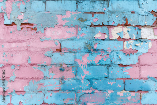 A brick wall with blue and pink paint, showing signs of wear and tear 