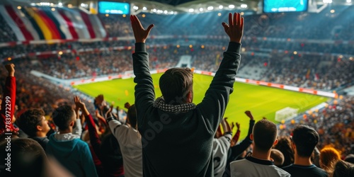 A fan at a world competition event raises his arms in the air, enjoying the fun and energy of the crowded stadium. AIG41
