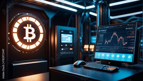 A high-security cryptocurrency mining setup with a glowing Bitcoin symbol, emphasizing the digital currency revolution.. AI Generation