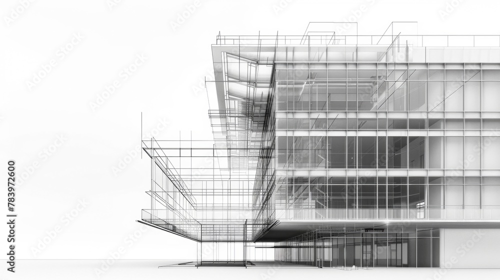 Architectural rendering of a contemporary apartment building with balconies and trees in a monochromatic scheme. Architectural rendering of a contemporary apartment building with balconies and trees in a monochromatic scheme.