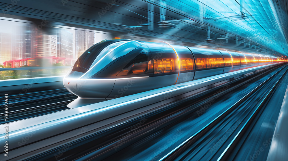 The future technology of high-speed transport. Futuristic bullet train or hyperloop ultrasonic train capsule. The tunnel is located in an urban environment. The future technology of high-speed transport. Futuristic bullet train or hyperloop ultrasonic train capsule. The tunnel is located in an urban environment.