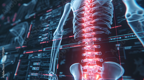 Futuristic biomedical concept of a holographic scanning a patient's backbone for spinal disc herniation diagnosis : 3d illustration, 3d rendering with copy space photo