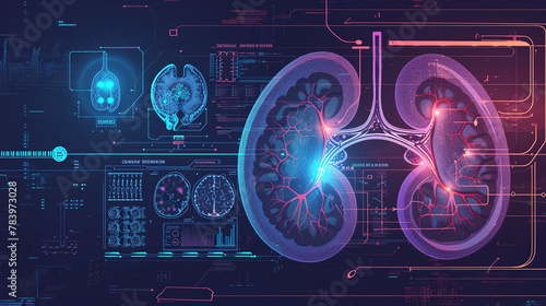 Futuristic medical research or kidney health care with diagnosis and vitals infographic biometrics for clinical and hospital kidney dialysis or kidneys stone disease ultrasound with copy space