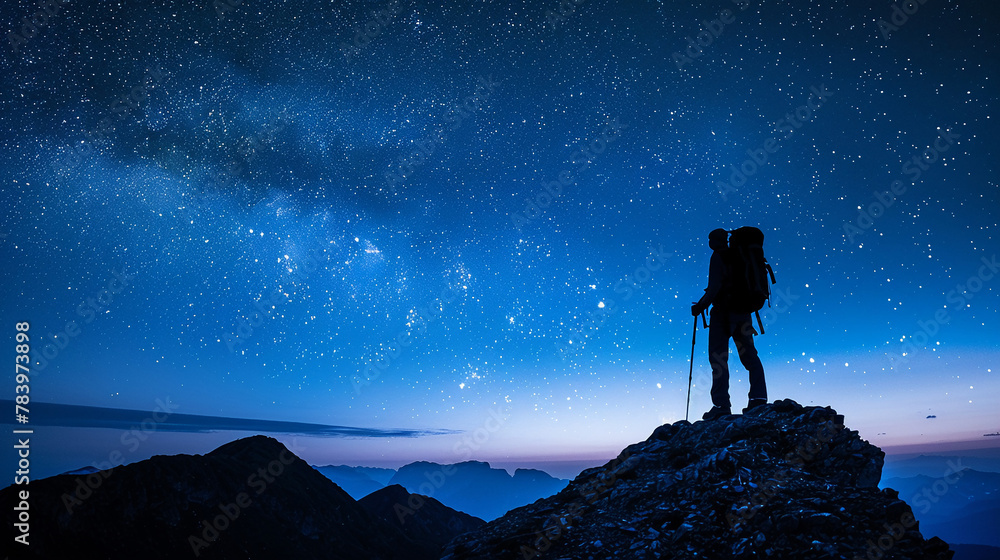 Hiker silhouette on mountain ridge, clear night sky with stars, natural lighting, wide frame