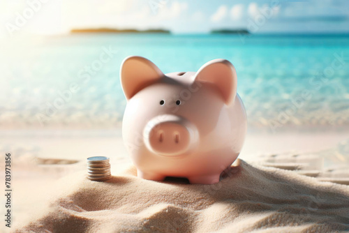 Piggy Bank on sand beach blured sea background © Igor