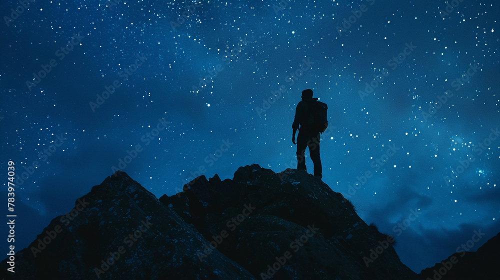 Man on mountain crest silhouette, starry night sky, dramatic lighting, wide angle