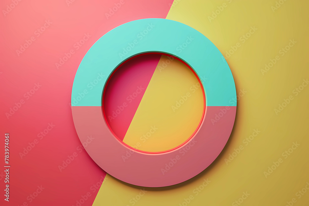 A dynamic 3D cyan and pink two-toned circle, delicately balanced, floats atop a vibrant red and yellow dual-colored background, creating a captivating juxtaposition of hues and depth A dynamic 3D cyan and pink two-toned circle, delicately balanced, floats atop a vibrant red and yellow dual-colored background, creating a captivating juxtaposition of hues and depth