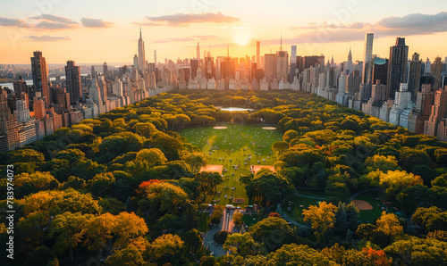 Sundown Serenity in the City: Aerial View of Central Park's Green Oasis Amidst Urban Skyscrapers
