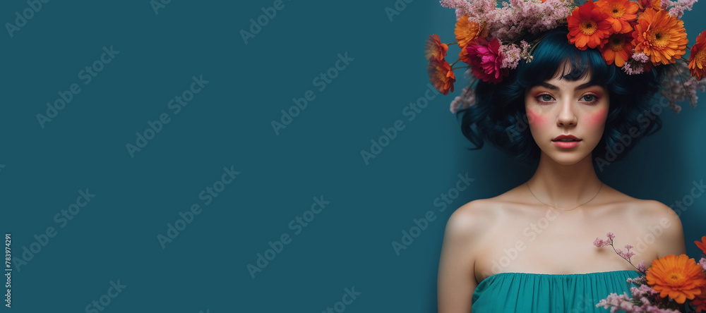 Closeup portrait of a beautiful young woman flowers in her hair.