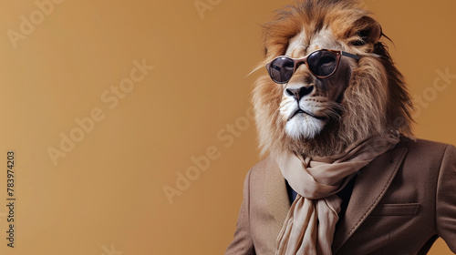 Stylish illustrative lion in an elegant business beige suit on a brown background. Lion person. Space for text. 