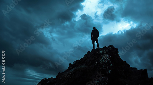 Silhouette of a man on rocky mountain top  stormy sky  dramatic effect  wide lens