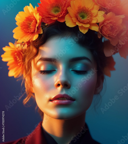 Closeup portrait of a beautiful young woman with closed eyes and flowers in her hair.