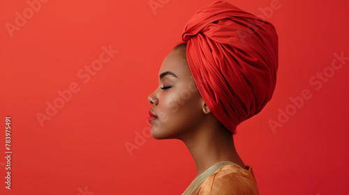 Profile side photo of beautiful afro american lady with closed eyes and turban isolated on red color background with copy space