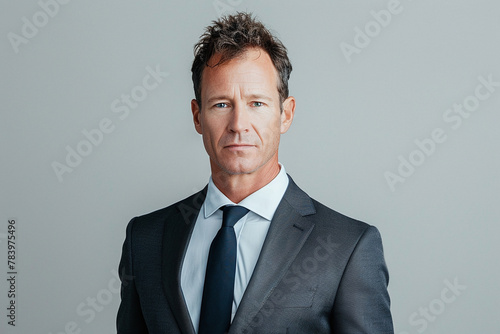 Portrait of distinguished gentleman stands confidently on light background, representing professionalism with an air of authority and confidence, embodying the essence of a successful businessperson