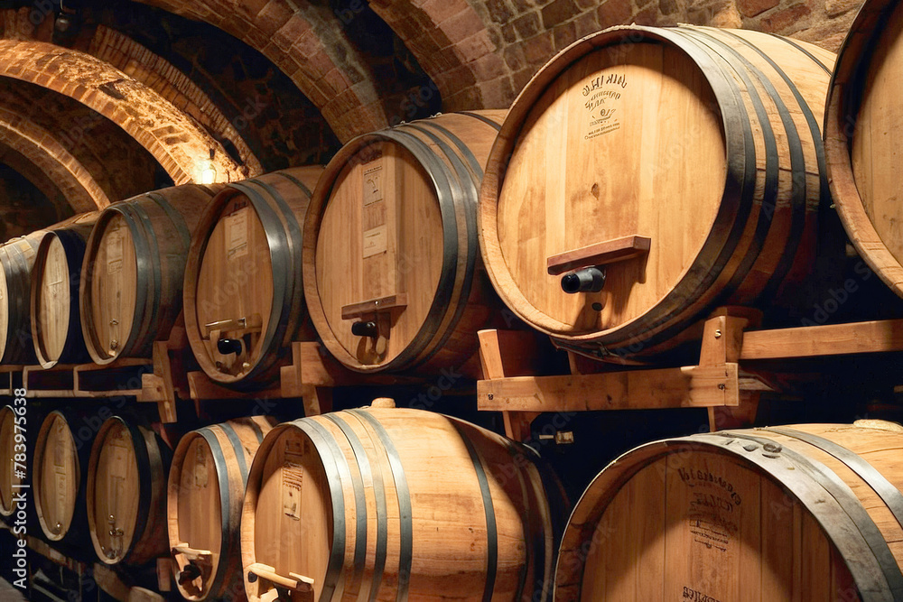 A row of wooden barrels stacked on top of each other. The barrels are made of wood and have a black and brown finish