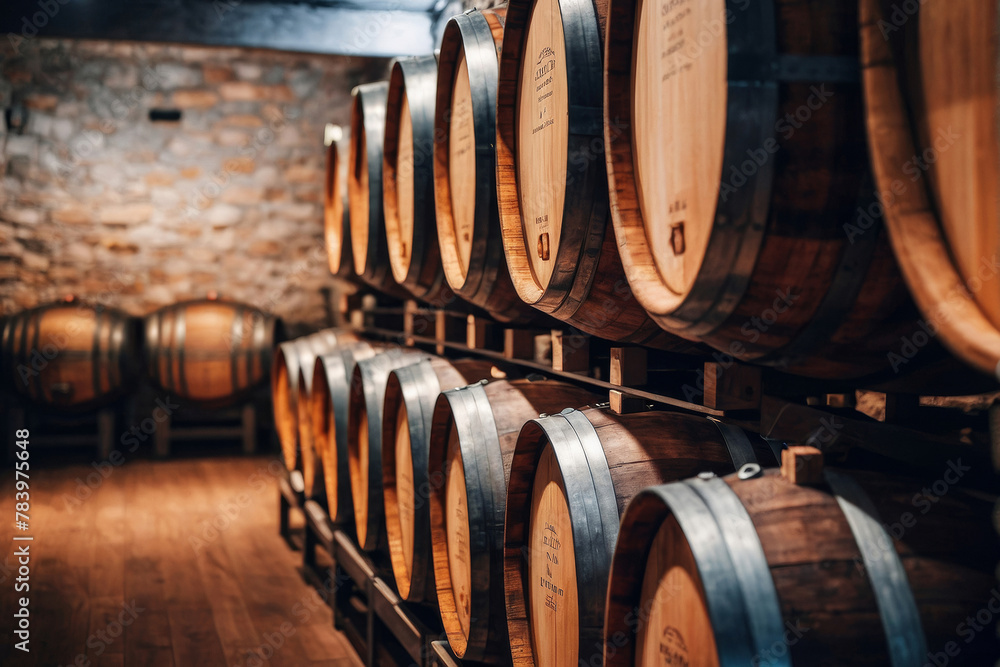 Exquisite atmosphere of a wine cellar with barrels of wine