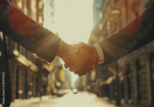 Businessmen make handshake, greeting, dealing, merger, acquisition, joint venture for business, finance, investment background, teamwork, successful business. Shaking hands after signing lucrative fin photo