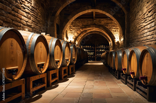 Exquisite atmosphere of a wine cellar with barrels of wine photo